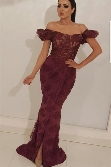 Dark Burgundy Off-the-Shoulder Lace Mermaid Evening Gown JTE408