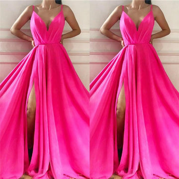 Fuchsia Straps V-neck Front Slit Prom Gown JTE410
