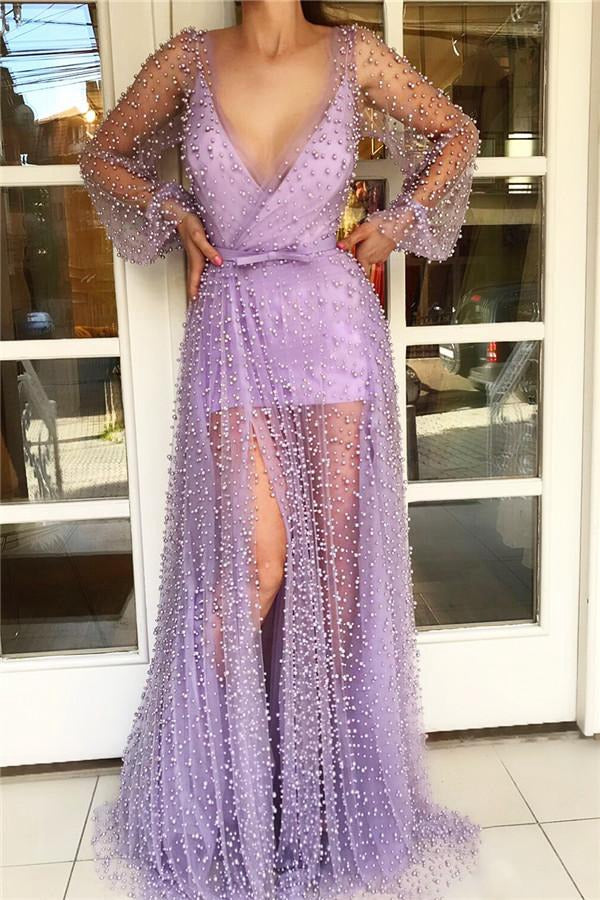 Lilac V-neck Long Sleeve Prom Gown JTE411