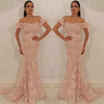 Pink Off-the-Shoulder Lace Mermaid Evening Gown JTE413