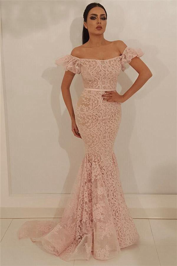 Pink Off-the-Shoulder Lace Mermaid Evening Gown JTE413