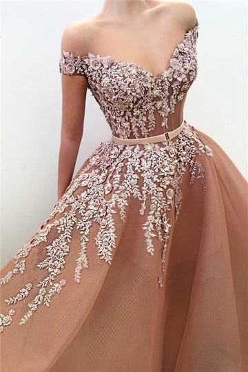 Pink Off-the-Shoulder Sweetheart Applique Prom Gown JTE415