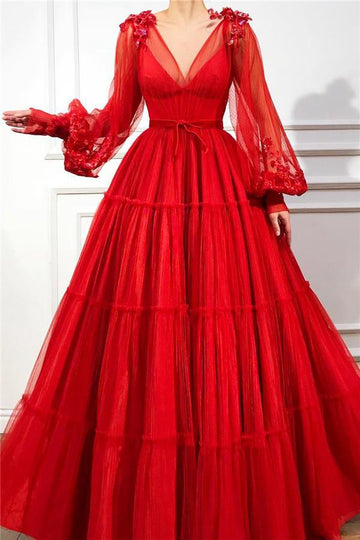 V-neck Long Sleeves Red Ball Gown Appliques Prom Gown JTE416
