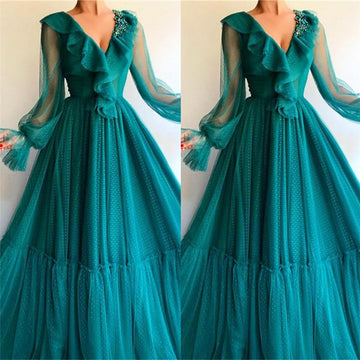 Ink Blue V-neck Long Sleeve Prom Gown JTE421