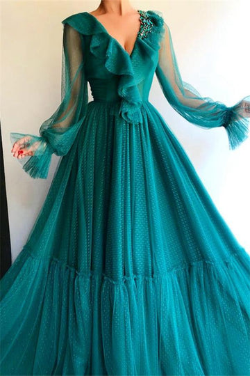 Ink Blue V-neck Long Sleeve Prom Gown JTE421