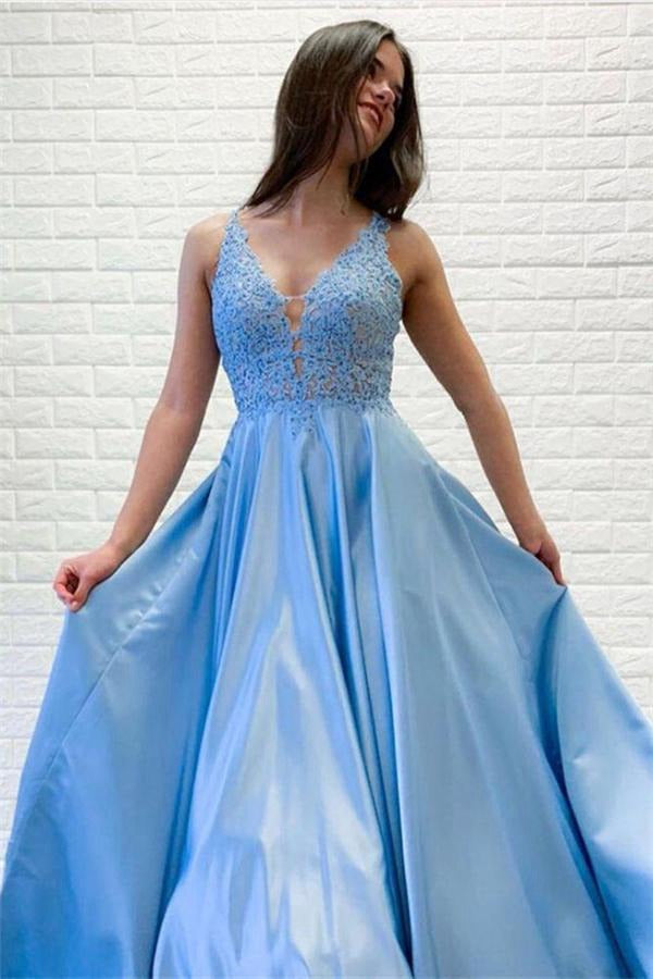Light Blue V-neck Prom Gown JTE422
