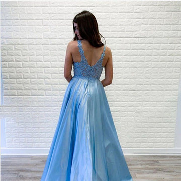 Light Blue V-neck Prom Gown JTE422