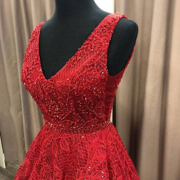 Red V-neck Lace Prom Gown JTE423
