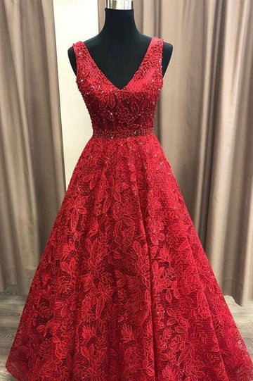 Red V-neck Lace Prom Gown JTE423