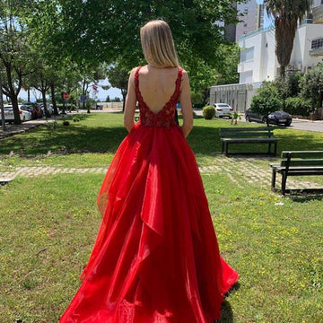 Red Princess V-neck Lace Ball Prom Gown JTE426