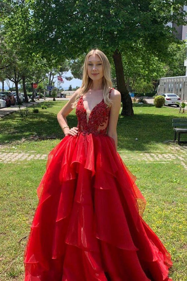 Red Princess V-neck Lace Ball Prom Gown JTE426