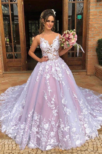 Pink-White Straps Princess V-neck Lace Ball Prom Gown JTE427