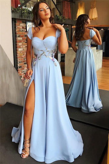 Open Back Blue Side Slit Appliques A-line Prom Gown JTE428