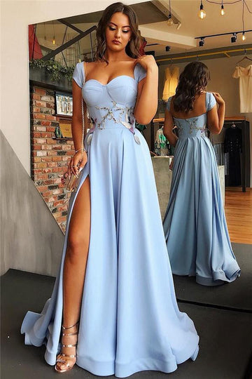 Open Back Blue Side Slit Appliques A-line Prom Gown JTE428