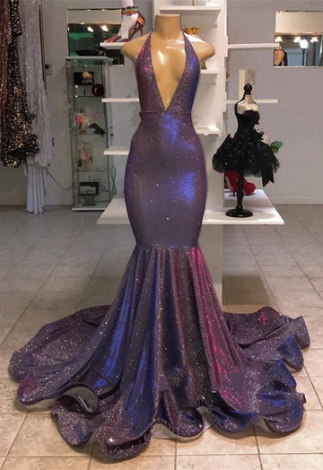Trendy Deep V-Neck Halter Mermaid Evening Gowns JTE430