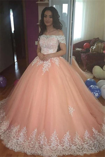 Pink Off-the-Shoulder Appliques Ball Gown Junior Prom Dress JTE433