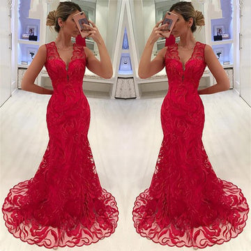 Red Mermaid Appliques Straps V-Neck Evening Gown JTE435