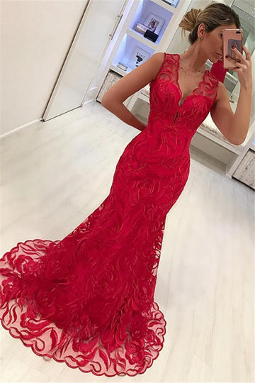 Red Mermaid Appliques Straps V-Neck Evening Gown JTE435