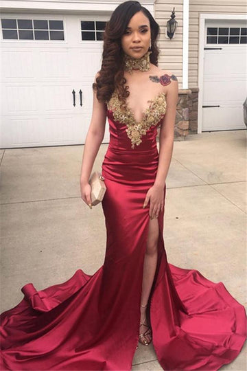 Red V-Neck Appliques Front Split Mermaid Evening Gown JTE438