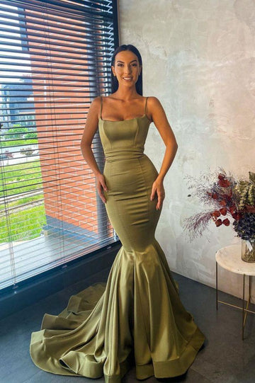 Trendy Sage Spaghetti Mermaid Evening Gown JTE445