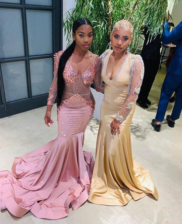 Pink Beads V-neck Long Sleeve Mermaid Evening Gown JTE451