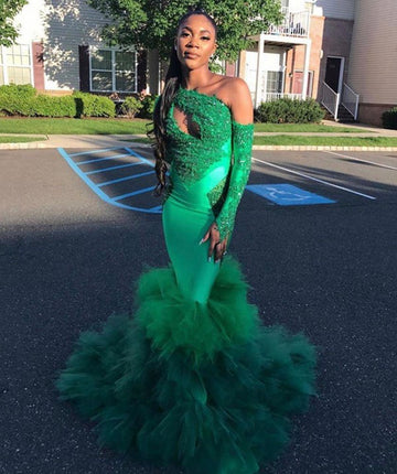 Trendy One Shoulder Green Long Sleeve Mermaid Evening Gown JTE452