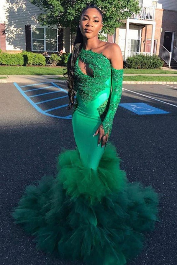 Trendy One Shoulder Green Long Sleeve Mermaid Evening Gown JTE452