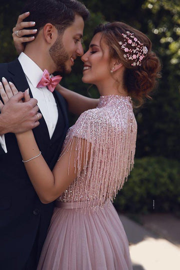 Trendy High Neck Tassel Beading Short Sleeve Blushing Pink Prom Gown JTE455
