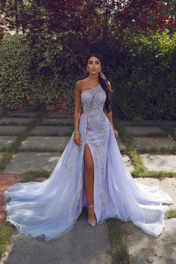 One Shoulder Front Split Lilac Evening Gown JTE458
