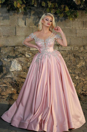 Princess V-neck Long Sleeve Beads Pink Ball Gown JTE459
