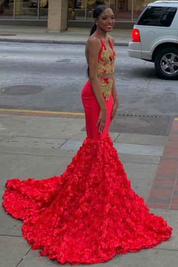 Red Halter Appliques Gold 3D-floral Mermaid Evening Gown JTE462