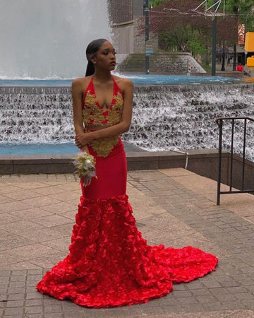 Red Halter Appliques Gold 3D-floral Mermaid Evening Gown JTE462
