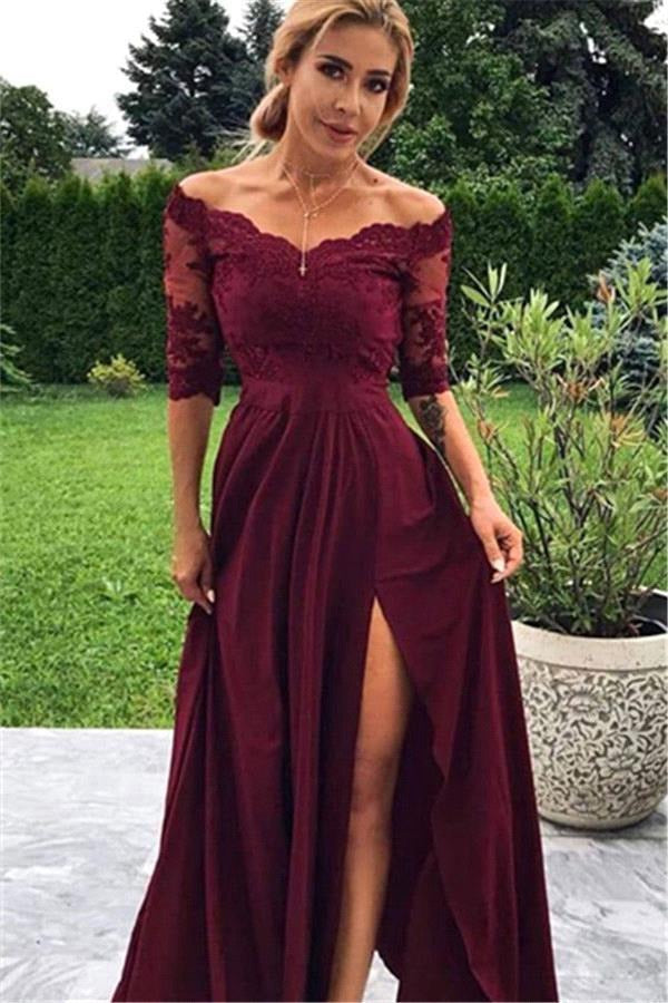 Burgundy Off-the-Shoulder Lace Half Sleeve Evening Gown JTE464