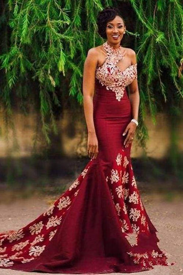 Halter Appliques Burgundy Mermaid Evening Gown JTE465