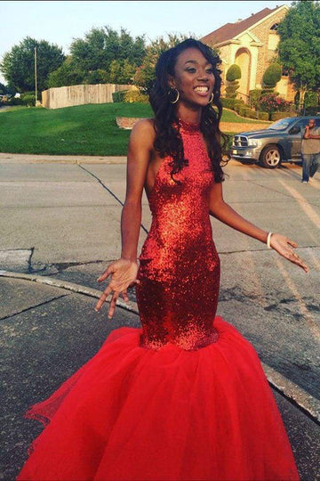 Sequins Red Halter Mermaid Evening Gown JTE466