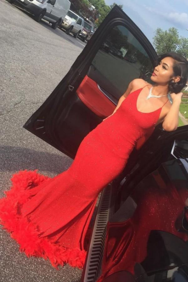 Red Spaghetti V-neck Mermaid Evening Gown JTE467