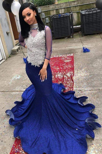 Long Sleeve Blue Lace Appliques Mermaid Evening Gown JTE469