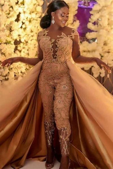 Long Sleeve Lace Beading Jumpsuit Evening Gown JTE471