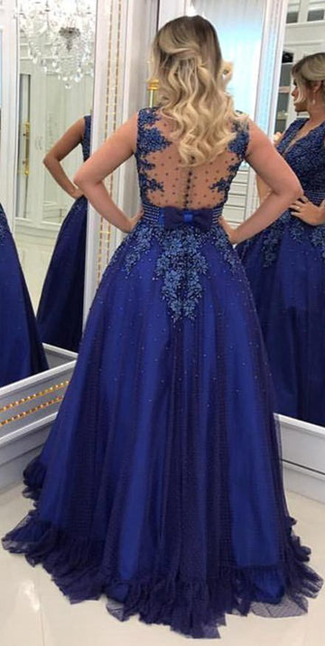 V-neck Lace Appliques Waistband Royal Blue Beading Prom Dress JTE472