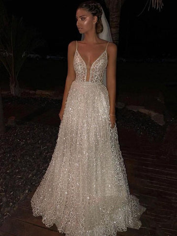 White Spaghetti-Strap A-Line Shining Evening Gown JTE473