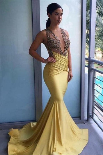 Mermaid Ruffles Beads Appliques Yellow Evening Gowns JTE475