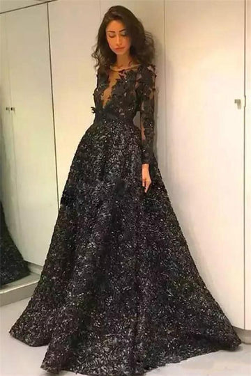 Trendy Black Long Sleeves 3D Flowers Prom Dress JTE476