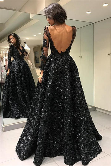 Trendy Black Long Sleeves 3D Flowers Prom Dress JTE476