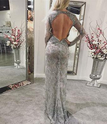 Silver V-neck Lace Long Sleeve Front Split Evening Gown JTE477