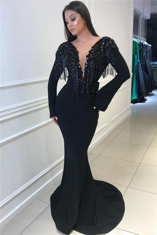 Deep V-neck Black Long Sleeve Tassels Mermaid Evening Gown JTE482