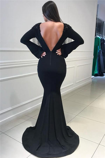 Deep V-neck Black Long Sleeve Tassels Mermaid Evening Gown JTE482