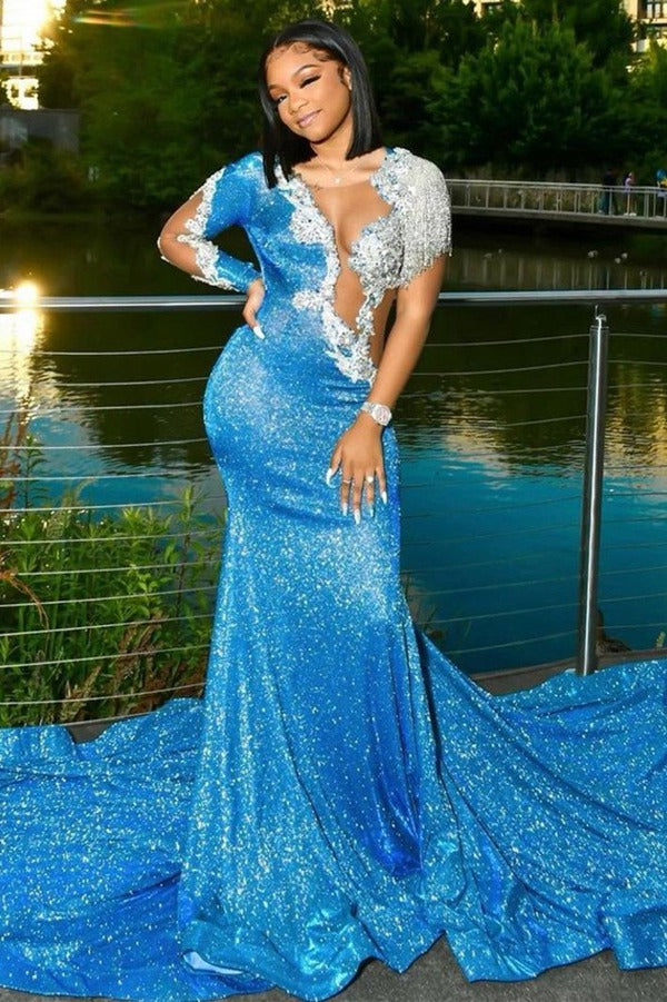 Trendy Blue Sequin Modest Beadings Mermaid Evening Gown JTE483