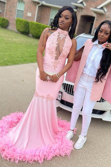 Pink Halter High-neck Feather Train Mermaid Evening Gown JTE484