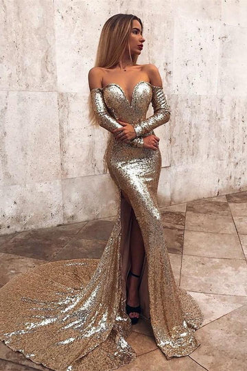 Off-the-Shoulder Champagne Sequins Long Sleeve Side Slit Mermaid Evening Gown JTE485
