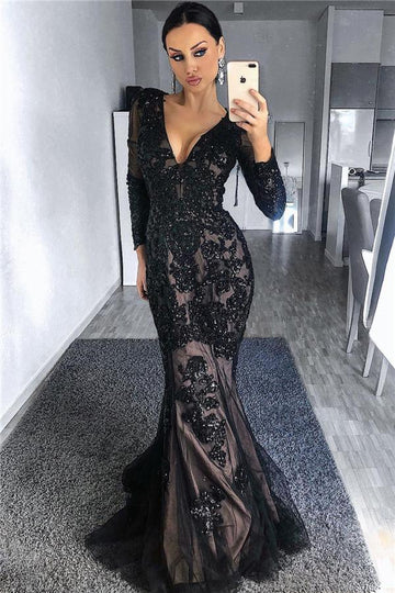 Black Long Sleeves Beads Lace Appliques Mermaid Evening Gown JTE489